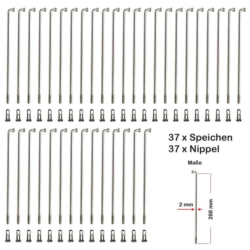 37 Pieces Spokes 288 mm spokes Silver Nirosta 2 mm