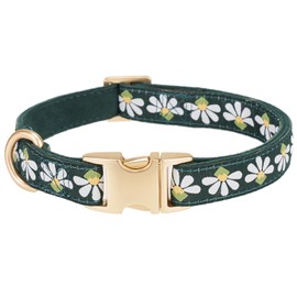 YUDOTE Soft Corduroy Dog Collar with Jacquard Ribbon Premium Patterned Floral Collars for Medium Dogs Daily Use,Green