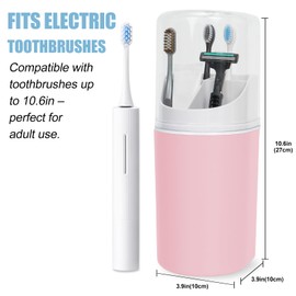 Tall Toothbrush Holder with Cover, 10.6" Dust Proof Bathroom Caddy Fits Electric Toothbrushes, Toothpaste, Wall Mount or Countertop Storage Organizer with Removable Dividers, 4 Slots (Pink)