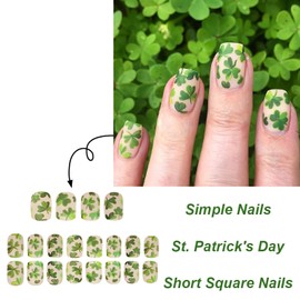 St. Patrick’s Day Shamrock Press on Nails Short Square Fake Nails Cute Glue on Nails Full Cover Lucky Clover False Nails St Patricks Day Acrylic Nails Short Stick on Nails for Women Manicure Art 24Pcs