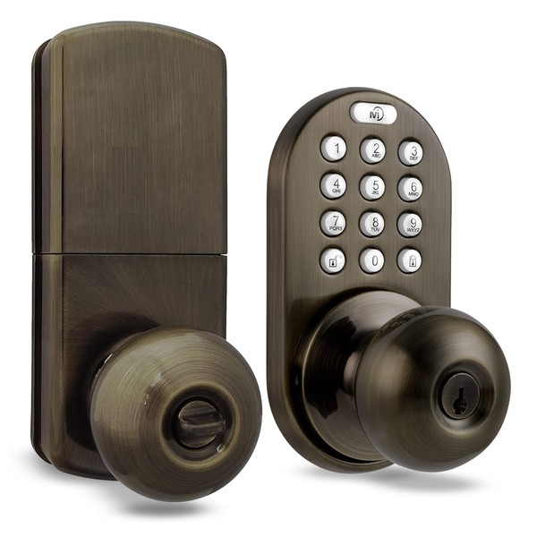 MiLocks TKK-02AQ Digital Door Knob Handle Lock with Electronic Keypad - Keyless Entry Smart Door Lock with Adjustable Latch Locks, Audible Tones for Interior Front Doors & More, Antique Brass