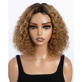 Style Icon Short Curly Bob Wigs Human Hair Glueless Wig for Black Women 10 inch Ombre Blonde Middle Part Lace Deep Curly Bob Wigs T Part Jerry Curly Bob Wig Non Lace Front Wig (Color: TT2/27)