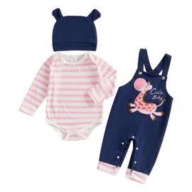 Vioyavo Baby Boy Girl Clothes Set Infant Outfit Striped Long Sleeve Romper Giraffe Embroidery Overall Pants Hat 3 Piece Set (Pink, 0-3 Months)