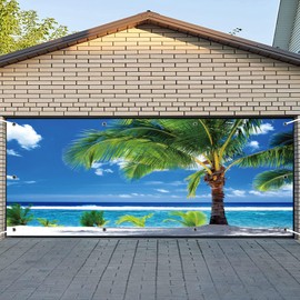 CSFOTO 7x16ft Tropical Beach Garage Door Decorative Banner Summer Palms Blue Sky White Clouds Garage Decorative Mural Wallpaper Aloha Luau Theme Summer Outdoor Party Banner, GB-Sea0001