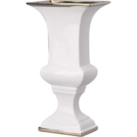 13.6" Vintage Style Ceramic Pedestal Vase with Square Base in Gold & White - Perfect Décor for Any Home