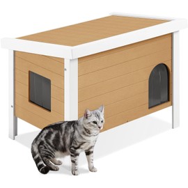 Psilvam Outdoor Cat House Weatherproof, Poly Lumber Cat Houses for Outdoor Cats Insulated, Feral Cat Shelter with Escape Door and Openable Roof 17.3" D x 28.7" W x 22.8" H (Teak Color)