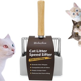 Wubushan Cat litter scoop with holder, Metal litter scoop with stand, Cat scoop with wooden handle, hole spacing 7mm, length 28cm, litter tray scoop, cat scoop for litter box