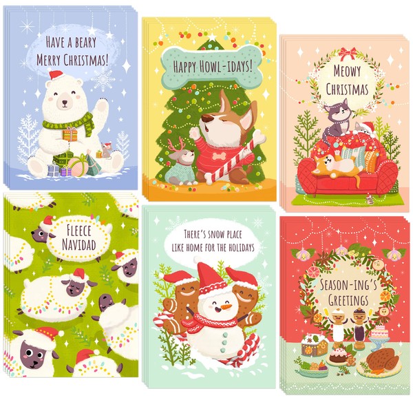T MARIE 24 Cute Christmas Cards Set - Bulk Funny Merry Christmas Holiday Assortment Pack with Envelopes - Silly Animals, Happy New Year Greetings - For Friends, Kids, Grandchildren, Teachers, Family