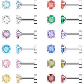 Leocuci Stainless Steel Flat Back Stud Earrings for Women Screw Back Twist Cartilage Earring Surgical Steel Colorful CZ Earrings 20g 4mm