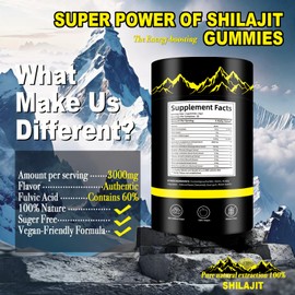Shilajit Gummies,Pure Himalayan Shilaljit Gummies,No Added Sugar,Non-GMO,Natural Organic,Ashwagandha, Gokshura | Fulvic Acid & 85+ Trace Minerals for Men- 60 Gummies(Individually Wrapped)