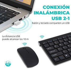 Teclado y Mouse Inalámbrico, Kit Teclado y Ratón con 3 Ajustable DPI, Conexión Inalámbrica 2.4 GHz con Receptor USB, Combo Teclado Compacto y Mouse Silencioso Compatible con Windows y Mac OS(Negro)