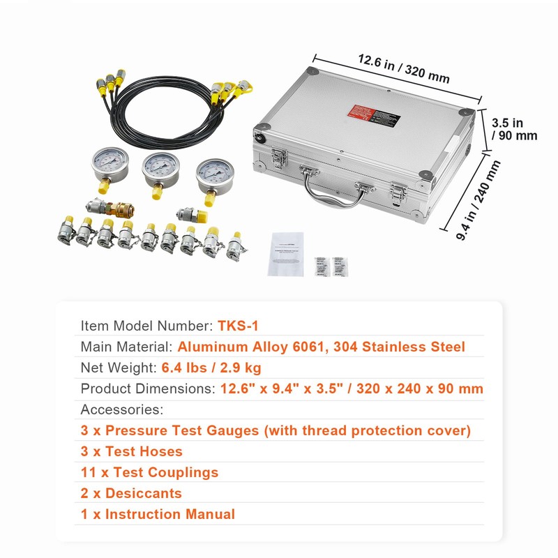 Hydraulic Pressure Test Kit, 250/400/600bar, 3 Gauges 11 Test Couplings