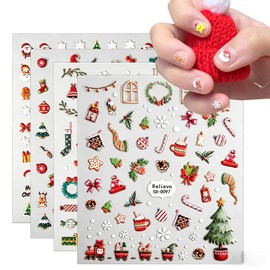4 Pliegos de Calcomanías 3D Auto-pegables, Stickers Decorativos de Santa, Reno, Arbolito y Copos de Nieve, Pegatinas Sólidas para Manualidades DIY, Uñas, Decoración Facial y Adornos - Fácil de Usar