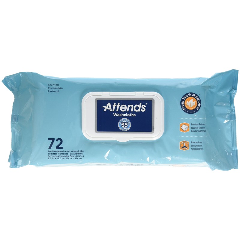 Attends Washcloths No-Rinse Disposable Cleansing Wipes for Incontinence, 7.8"x11.8", Hypoallergenic