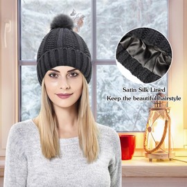 Kunyeah Women Winter Beanie Hat Knitted Cap with Pompom Satin Silk Lined Hat Warm Solid Color Hat for Women Girls, Dark Gray, One Size