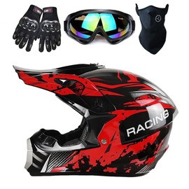 TTMiku Youth Kids Dirt Bike Helmet, Motocross Off Road Motorcycle ATV UTV Street Bike Casque Casco Combo Gloves Goggles Mask (DOT Approved), Red Camo, L