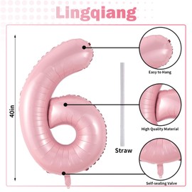 Pastel Pink Number 6 Balloons, 40 In Large Light Pink Number 6 Foil Helium Balloons for Girls, Self Inflating Number Balloons 0-9 for Girls 6th 16th Birthday Women Anniversary Party Decoration