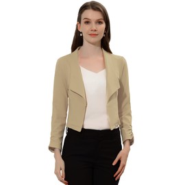 Allegra K Women's Work Office Cropped Blazer Notched Lapel Long Sleeve Open Front Short Jacket Khaki X-Large
