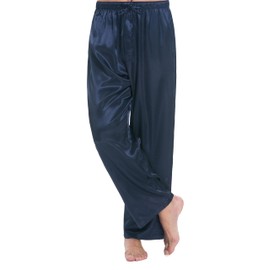 Lavenderi Pantalones de pijama de satén para hombre, pantalones largos de pijama con cordón, Azul marino/flor y brillo, Small