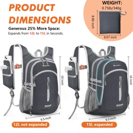 Seektop Small Hiking Backpack 12L to 15L Expandable Travel Packable Waterproof Daypack Lightweight Hiking Bag for Women Men