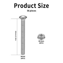 28 pieces carriage bolts M6 x 60 mm stainless steel, lock bolts stainless steel, gate hinge screws nuts set, M6 flat head screws with flange nuts, threaded screws set, round head screws