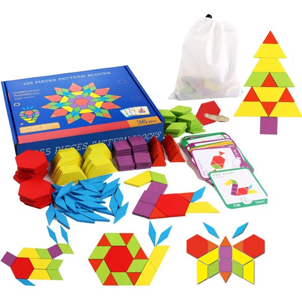 Set of 155 Wooden Pattern Blocks Geometric Manipulative Shape Puzzle