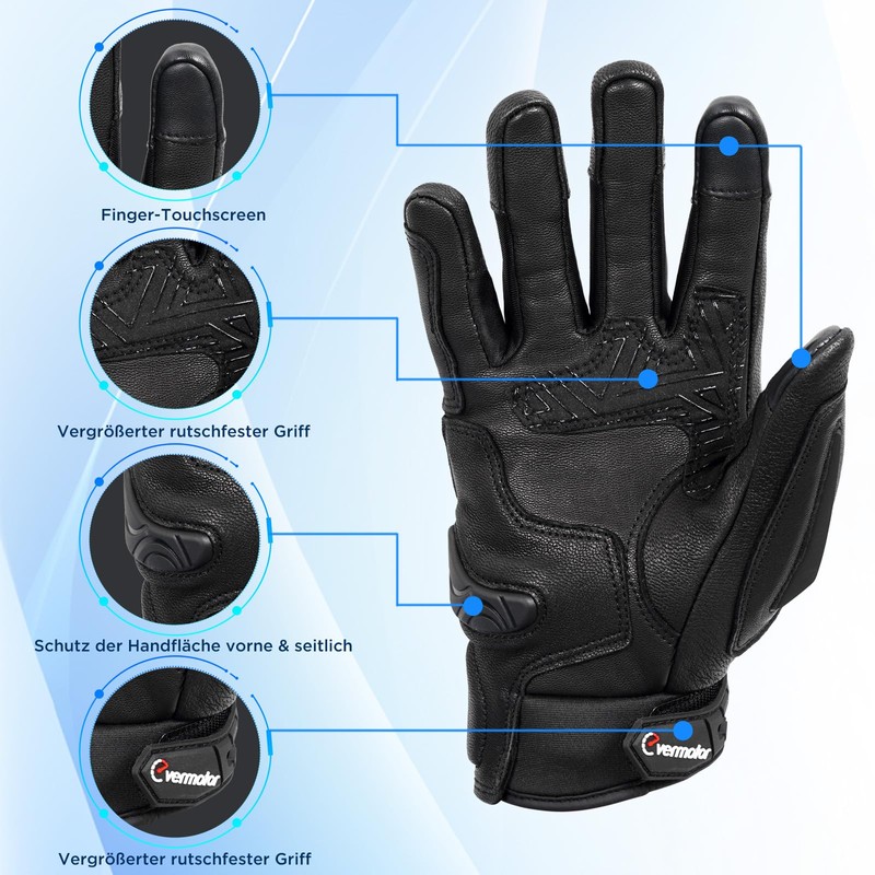 evermotor Winter Motorcycle Gloves, Goat Leather, Touchscreen Gloves, Waterproof, Certified,