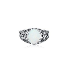 LELOUCHY Vintage Filigree with White Opal Ring 925 Sterling Silver Oxidized Created White Opal Statement Ring Size 8.5 for Women Gifts