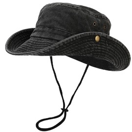 Unisex Cotton Boonie Hat Summer Outdoor Packable Fishing Bucket Hat Beach Sun Hat with String for Women Men (US, Alpha, One Size, Retro Black)