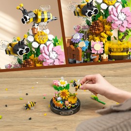 Flower Bouquet Building Sets, 588 PCS Animals Flowers Botanical Collection Mini Bricks Building Blocks Toy for Adults, Valentine's Day for Her Mom Women Wife Girlfriend (Bee)