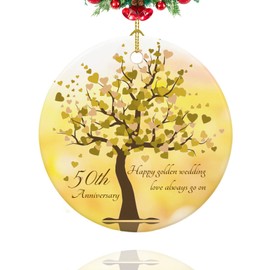50th Anniversary Ornament, Gifts for 50th Wedding Anniversary, 50 Year Anniversary Valentines Gifts for Couples, Parents, 2.9" Ceramic Golden Anniversary Christmas Ornaments 2025