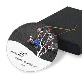 Happy 25th Wedding Anniversary Christmas Ornaments Gifts for Couples Keepsake Gift for 25th Wedding Anniversary Christmas Tree Ornaments Round Ceramic Ornament 2.95in with Gift Box