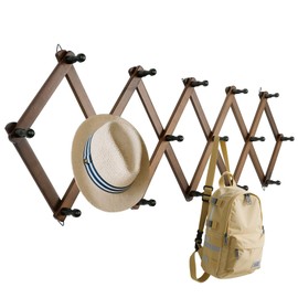 Qiannhee Solid Wood Hat Rack, Expandable Wall Holder with Black 16 Hooks,Brown Accordion Wall Hanger Organizer for Baseball caps,Fedora,Space Saver for Entryway,Home Decor