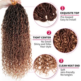 Curly Faux Goddess Locs Crochet Hair 18Inch Pre Looped Synthetic Deep Curly Hairstyle Hippie Locs Crochet Braids Extensions（1B/30/27,18inch(Pack of 8))