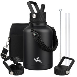 Konokyo Insulated Water Bottle with Straw,50 oz 3 Lids Water Jug with Carrying Bag,Paracord Handle,Double Wall Vacuum Stainless Steel Metal Flask,Black