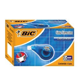 BIC Cinta Correctora 4.2 mm Fácil de Aplicar Corrección Instantánea Hecha de PET Reciclado 12 metros de Cinta Cuerpo Color Azul 6 Piezas
