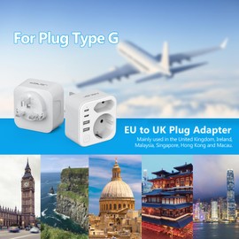 JSVER Travel Adaptor UK Adapter 2 Way England Germany Travel Plug Adapter with 4 USB Ports (2 USB C & 2 USB A) Socket Adapter Type G for England, Ireland, Dubai, Maldives, HK, Singapore Sockets