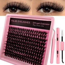 Eyelash Extensions Set, 200 Pieces, Fluffy Artificial Eyelash Clusters, Lashes Extension Set, Thick Lash Clusters, Individual Eyelash Extensions with Bond and Seal and Tweezers (50K Kit)