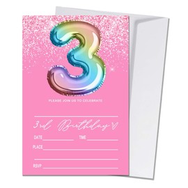 Wybgno Pink 3rd Birthday Invitation for Girls 20 Pieces Glitter Birthday invitation Rainbow Foil Print Invite Cards With Envelopes, Birthday Party Supplies (4×6 inch) -C20