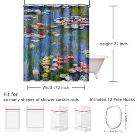 ArtSocket Shower Curtain Waterlilies Water Lilies 1916 Lilly Lillies Claude Monet Masterpiece Home Bathroom Decor Polyester Fabric Waterproof 72 x 72 Inches Set with Hooks