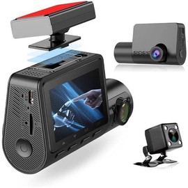 Udorich Three-Lens Vehicle Recorder with Wide Angle Coverage, Parking Monitor, and Infrared Lights, Includes Memory Card