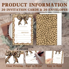 UIBOVA Cheetah Print Birthday Invitations, 20 Pack Leopard Print Bow Birthday Party Invitations with Envelopes, Women Teen Girls Birthday Party Supplies Baby Shower Decorations (4" x 6")-C19
