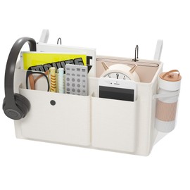 Edudif Bedside Caddy Bedside Organizer with Fixed Straps & Water Bottle Holder, Bunk Bed Caddy ideal for Home, Dorm, Hospital, Crib, Versatile Bedside Storage Solution (White)