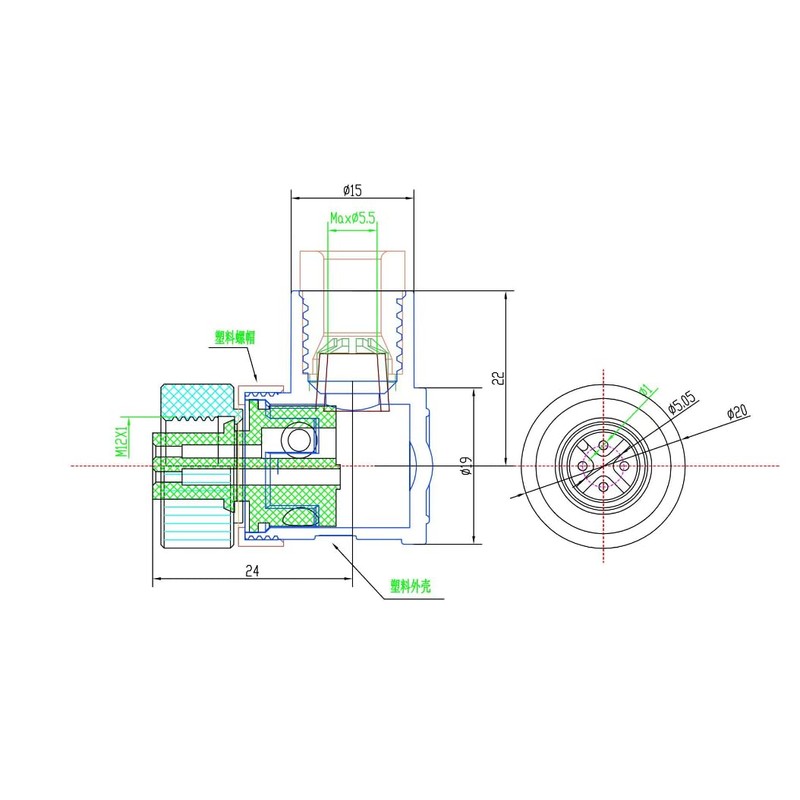 M12 Connector 4 pin Field Female Socket Right Angle Plastic