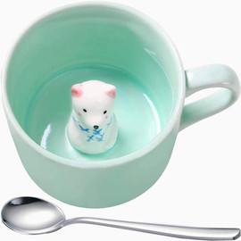 Polar Bear Coffee Cup Kid's Water Cup with Spoons Set, Funny Celadon Figurine Inside Morning Teacup, Christmas Birthday Gifts for Dad, Boyfriend, Friends, Coworkers, (8 oz Polar Bear)