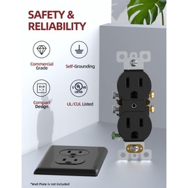 AIDA Duplex Receptacle Wall Outlet, Residential, 3-Wire, Self-Grounding, 15Amp 125V, UL Listed, Push & Side Wire, Black (10 Pack)