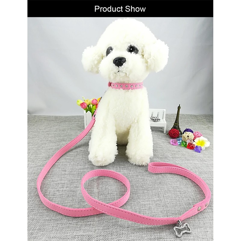 Newtensina Cute Diamante Puppy Collar and Leash Set Bling Microfiber