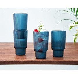 Shatterproof Acrylic Tall Drinking Glasses Set, European Style, Dishwasher Safe, Ribbed | Set of 4 | Fluted Tritan Drinkware, Unbreakable BPA-free Plastic, Reusable Stackable Glassware 14.5oz - Blue
