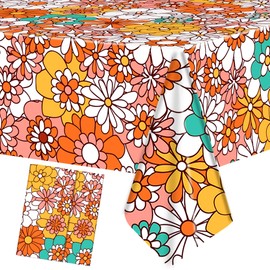Augisteen 2 PCS Groovy Tablecloth Plastic Boho Daisy Table Covers Daisy Flower Tablecloth Hippie Retro Floral Disposable Tablecloths Waterproof for Birthday Party Decor Baby Shower, 54 x 108 Inch
