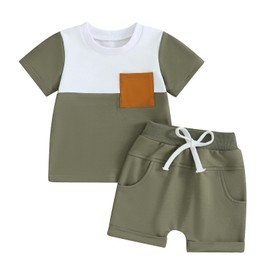 Toddler Baby Boy Summer Outfit Contrast Color T Shirt Tops with Elastic Waist Shorts Cute Infant Newborn Clothes Set (Army Green, 0-6 Months)